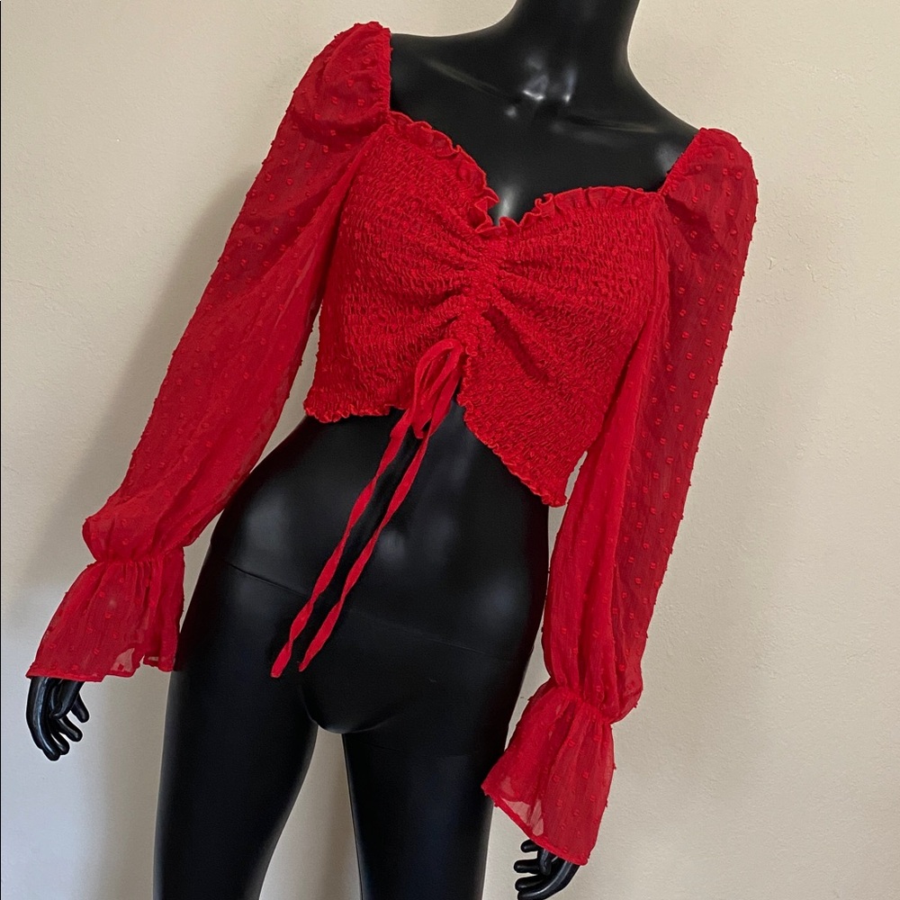 Romantic Red Ruched Sheer Sleeve Tie up Crop Top Blouse